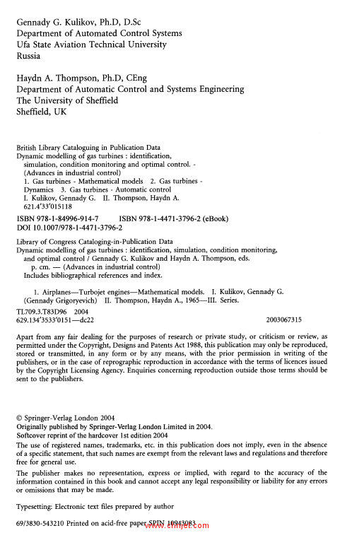 《Dynamic Modelling of Gas Turbines Identification, Simulation, Condition Monitoring and Optimal Con ...