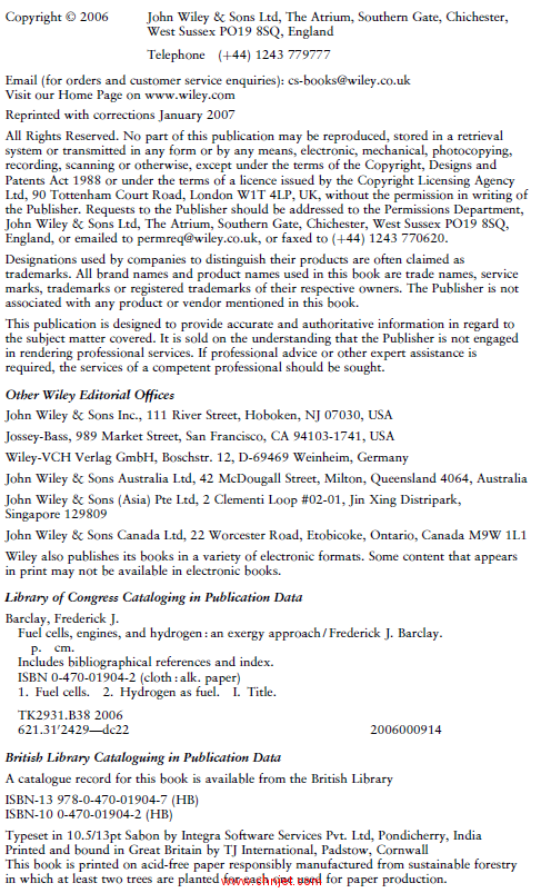 《Fuel Cells, Engines and Hydrogen：An Exergy Approach》