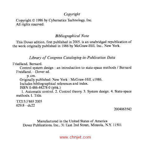 《Control System Design: An Introduction to State-Space Methods》