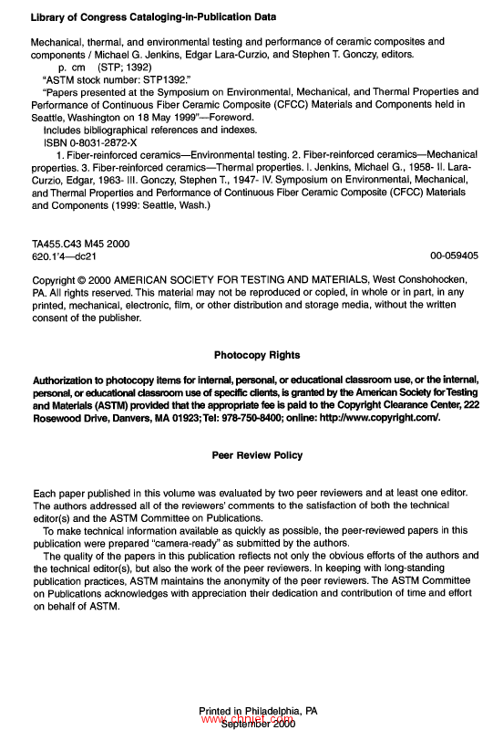 《Mechanical, Thermal, and Environmental Testing and Performance of Ceramic Composites and Component ...