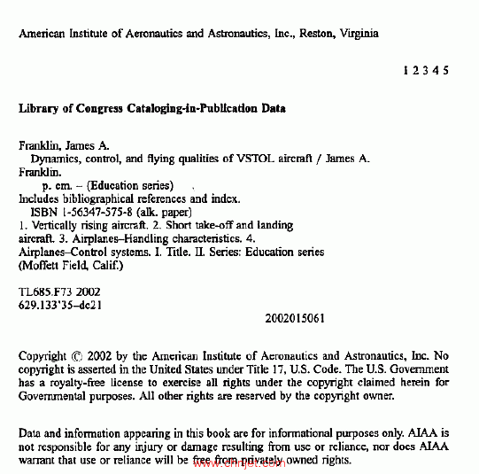 《Dynamics, Control, and Flying Qualities of VSTOL Aircraft》