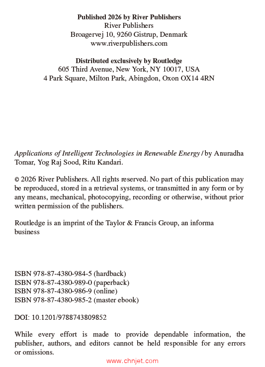 《Applications of Intelligent Technologies in Renewable Energy》